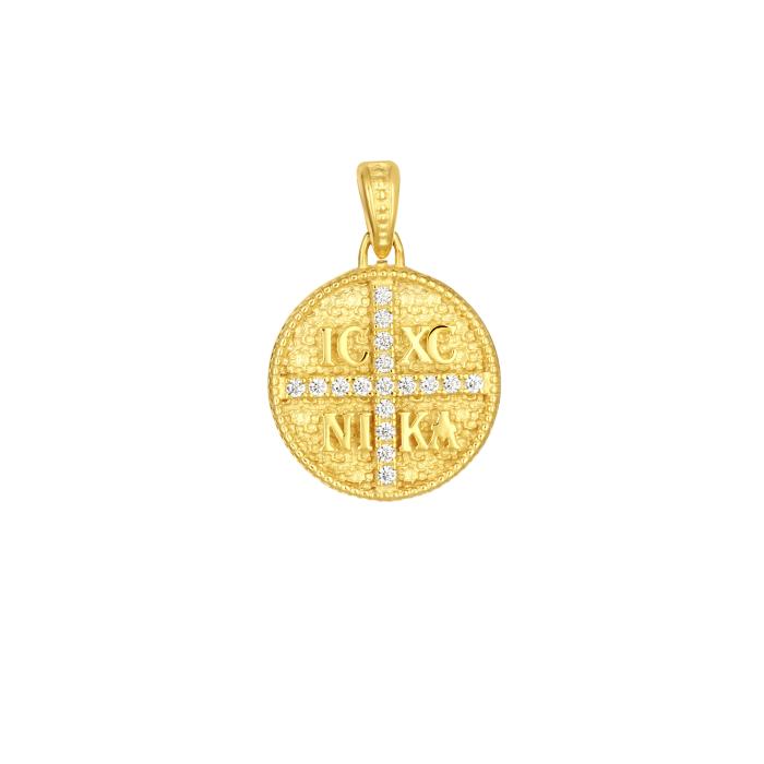 Φυλαχτό Κωνσταντινάτο Διπλής Όψεως με Λευκά Ζιργκόν Χρυσός K9 SKU-82744