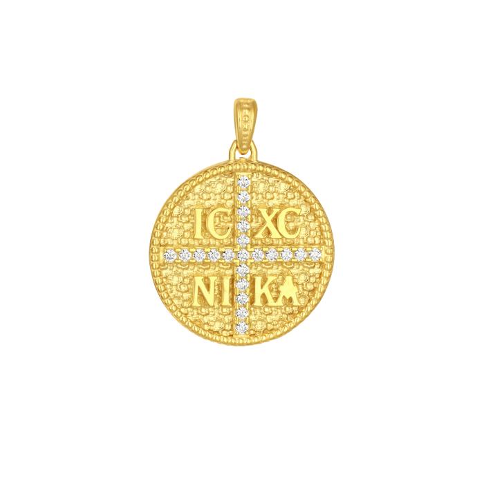 Φυλαχτό Κωνσταντινάτο Διπλής Όψεως Χρυσός K9 με Λευκά Ζιργκόν SKU-82759