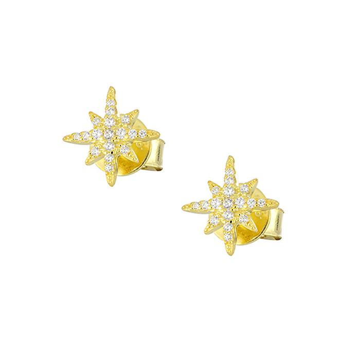 Σκουλαρίκια Αστέρι Κίτρινο Επίχρυσο Ασήμι 925° με Λευκά Ζιργκόν. SKU-82379