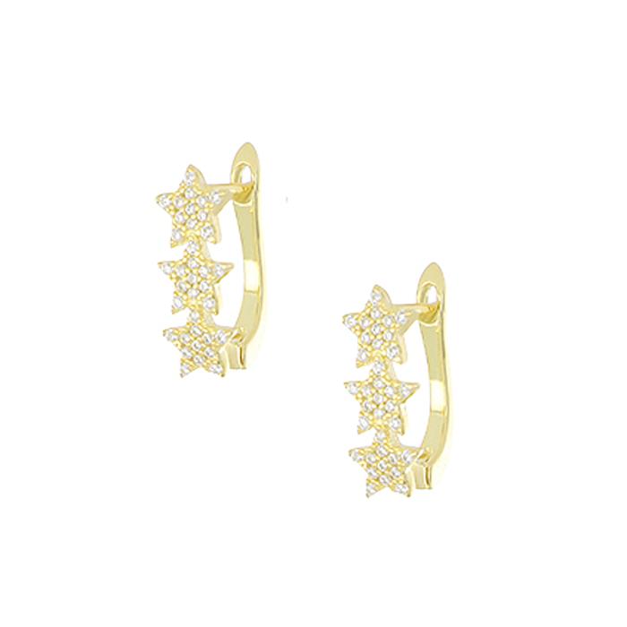 Σκουλαρίκια Κρίκοι με Σχέδιο Αστέρια Κίτρινο Επίχρυσο Ασήμι 925° με Λευκά Ζιργκόν. SKU-82380