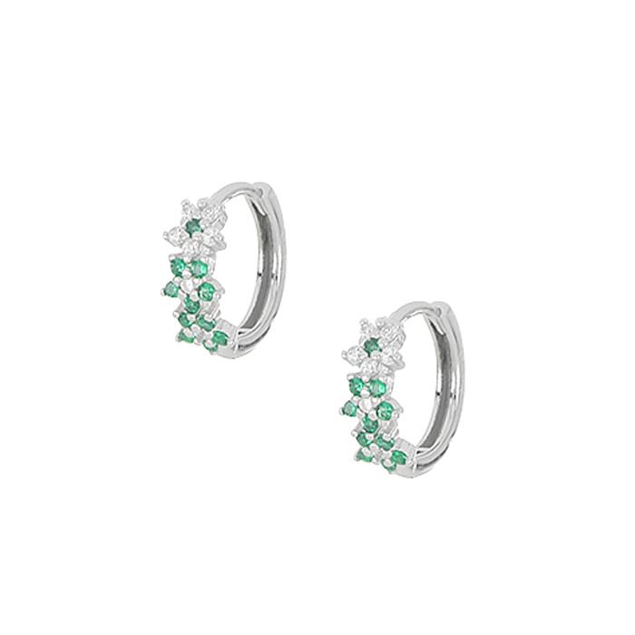 Σκουλαρίκια Κρίκοι με Λουλούδια και  Λευκά και Πράσινα Ζιργκόν Ασήμι 925° SKU-82384