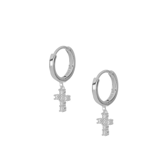 Σκουλαρίκια Κρίκοι με Σταυρό Λευκά Ζιργκόν σε Ασήμι  925° SKU-82393
