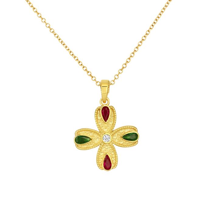 Σταυρός Βυζαντινός Διπλής Όψεως Χρυσός K9 με Ζιργκόν SKU-82775