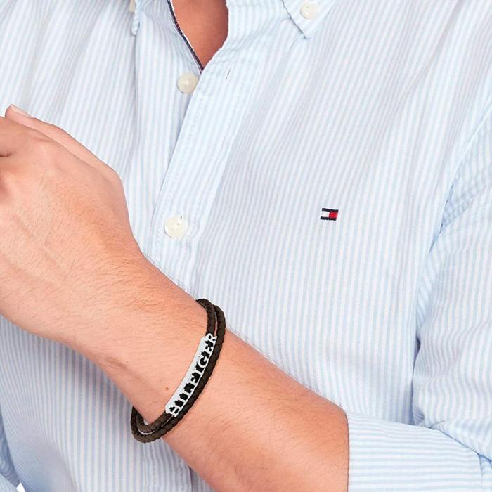 Βραχιόλι TOMMY HILFIGER από Aνοξείδωτο Aτσάλι και Καφέ Δέρμα