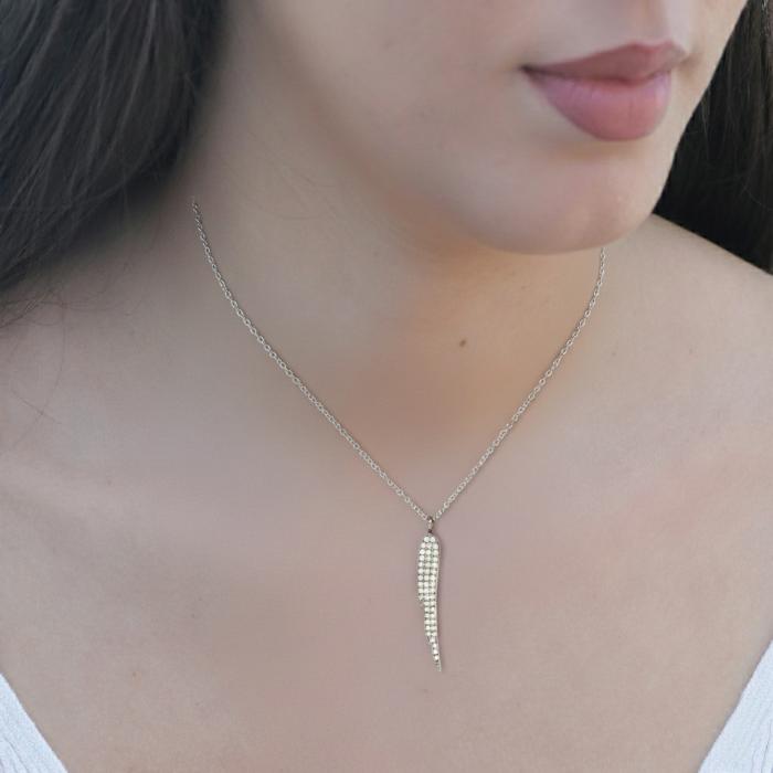 Κολιέ Φτερό με Διαμάντια  Λευκόχρυσος K14 SKU-83853