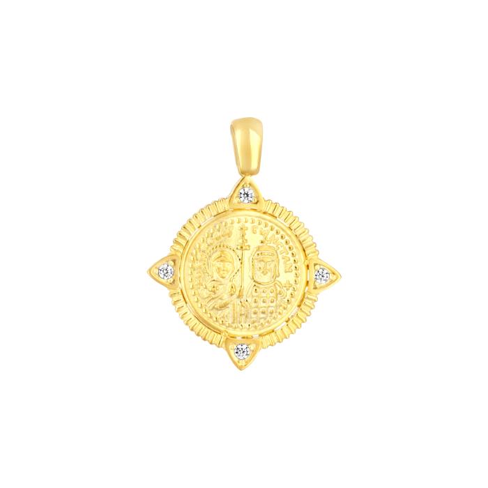 Φυλαχτό Κωνσταντινάτο Διπλής Όψεως με Λευκά Ζιργκόν Ασήμι 925° Επίχρυσο SKU-83038