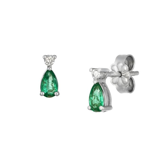 Σκουλαρίκια Καρφωτά Δάκρυ με Διαμάντια & Σμαράγδια σε Λευκόχρυσο K14