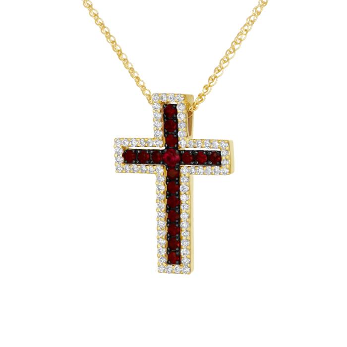 Σταυρός με Αλυσίδα Χρυσός K18 με Ρουμπίνια & Διαμάντια SKU-83009