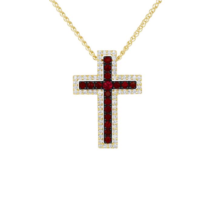 Σταυρός με Αλυσίδα Χρυσός K18 με Ρουμπίνια & Διαμάντια SKU-83009