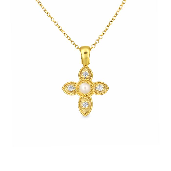 Σταυρός Βυζαντινό Στυλ Χρυσός K9 με Λευκά Ζιργκόν & Μαργαριτάρι SKU-83345