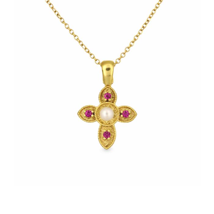 Σταυρός Βυζαντινό Στυλ με Ροζ Ζιργκόν & Μαργαριτάρι Χρυσός K9 SKU-83346