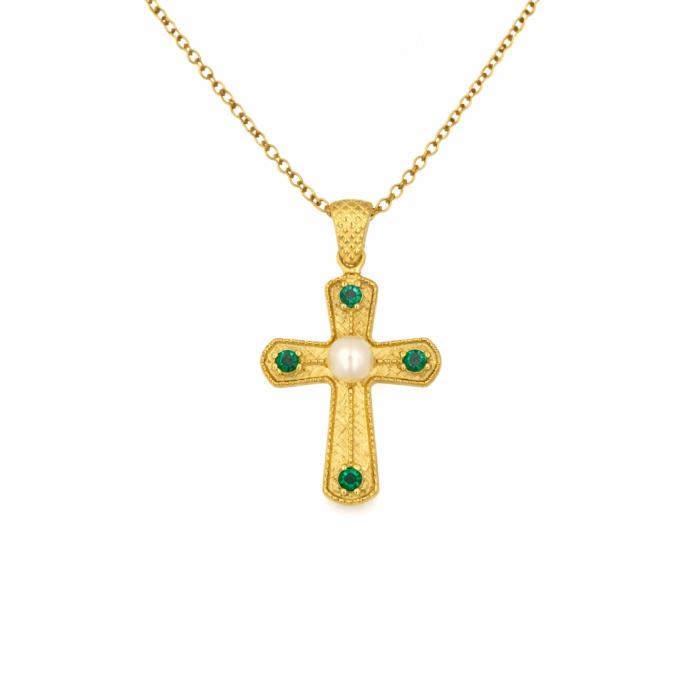 Σταυρός Βυζαντινό Στυλ με Πράσινα Ζιργκόν και Μαργαριτάρι Χρυσός K9 SKU-83347