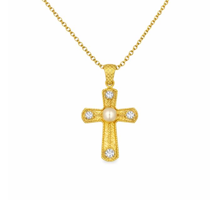 Σταυρός Βυζαντινό στυλ Χρυσός K9 με Λευκά Ζιργκόν & Μαργαριτάρι SKU-83348