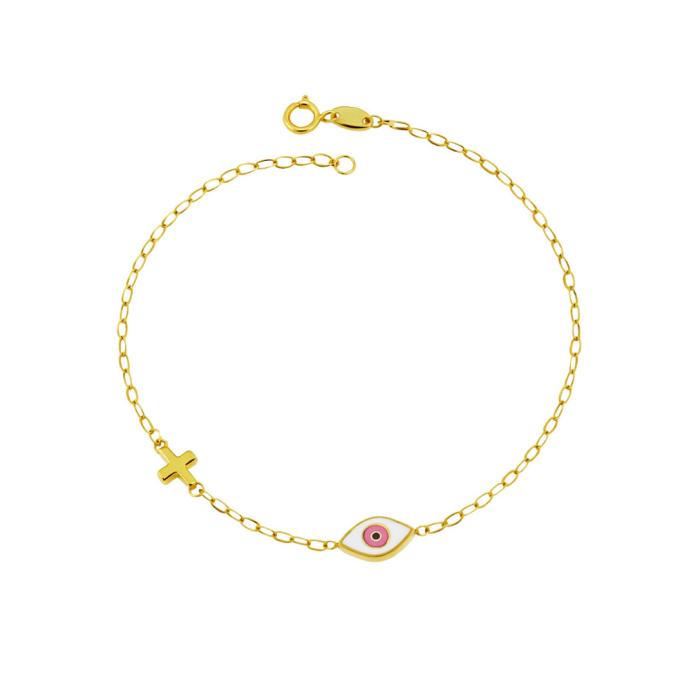 Βραχιόλι Ματάκι με Σμάλτο &  Σταυρουδάκι Χρυσός K9 SKU-84473