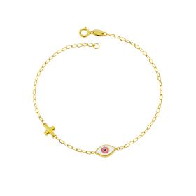 Βραχιόλι Ματάκι με Σμάλτο &  Σταυρουδάκι Χρυσός K9 SKU-84473