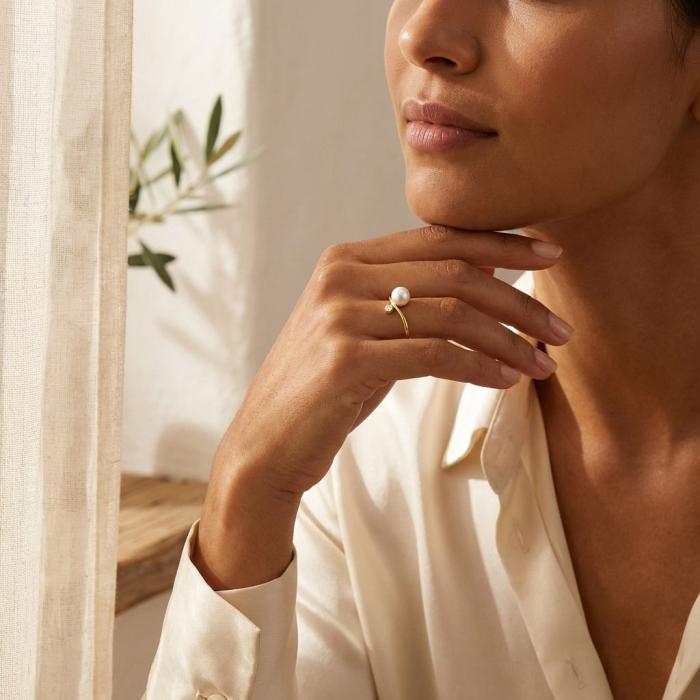 Δαχτυλίδι Χρυσός K9 με Μαργαριτάρι και Λευκό Ζιργκόν SKU-84595