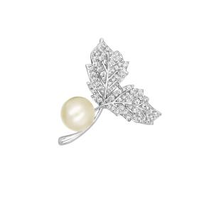 Καρφίτσα Φύλλο με Λευκά Ζιργκόν & Πέρλα Ασήμι 925° SKU-84450