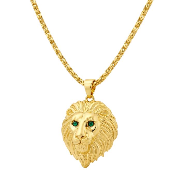 Ανδρικό Κολιέ Λιοντάρι με Σμαράγδια Χρυσός K14 SKU-85022