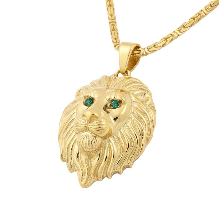Ανδρικό Κολιέ Λιοντάρι με Σμαράγδια Χρυσός K14 SKU-85022