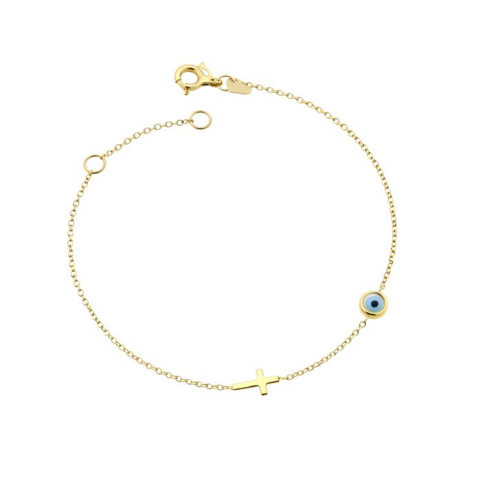 Βραχιόλι με Σταυρό & Ματάκι σε Κίτρινο Χρυσό K9 SKU-85289