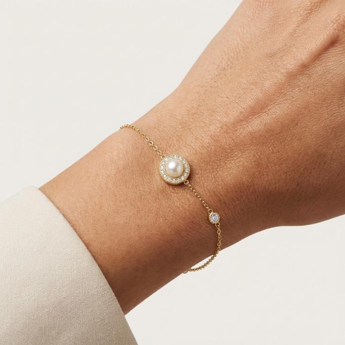 Βραχιόλι Ροζέτα με Μαργαριτάρι & Λευκά Ζιργκόν Χρυσός K9 SKU-85296