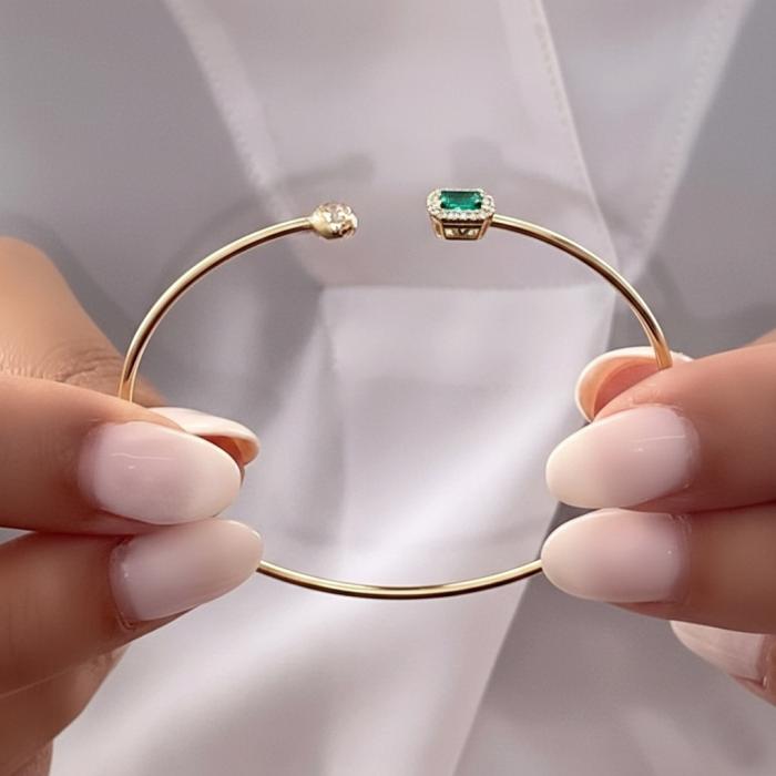 Βραχιόλι Χειροπέδα με Διαμάντια & Σμαράγδι Χρυσός K14 SKU-85338