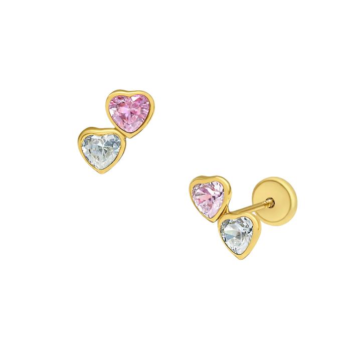 Σκουλαρίκια Καρδιά Χρυσός K9 με Λευκά & Ροζ Ζιργκόν