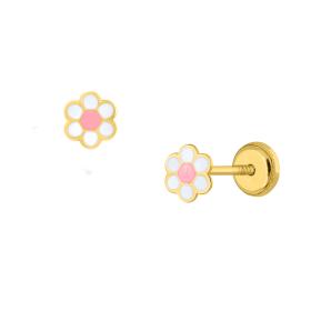 Σκουλαρίκια Λουλούδι με Ροζ & Λευκό Σμάλτο Χρυσός K9 SKU-85622