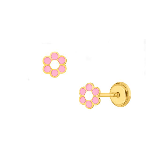 Σκουλαρίκια Λουλούδι με Ροζ Σμάλτο Χρυσός K9