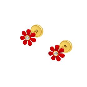 Σκουλαρίκια Λουλούδι με Κόκκινο Σμάλτο Χρυσός K9 με Λευκό Ζιργκόν SKU-85649