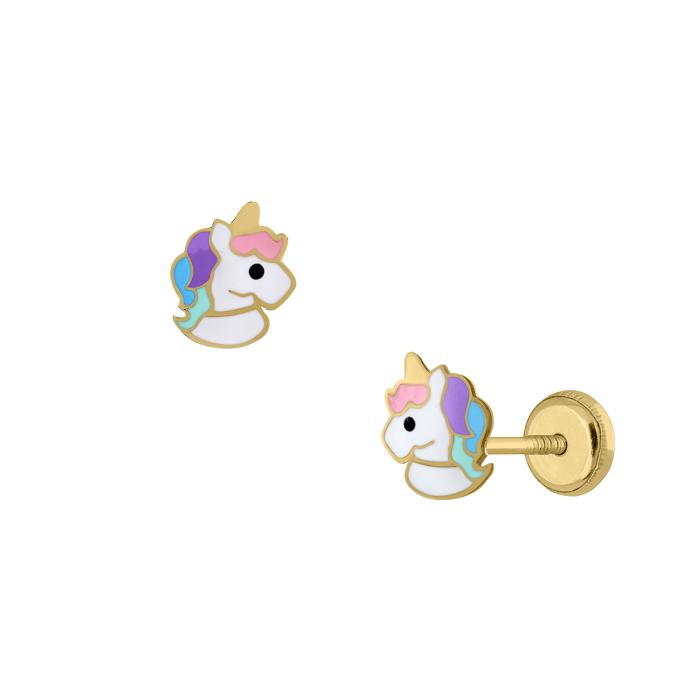 Παιδικά Σκουλαρίκια Μονόκερος με Σμάλτο Χρυσός K9