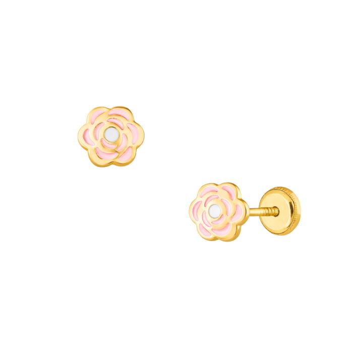 Σκουλαρίκια Λουλούδι με Ροζ Σμάλτο Χρυσός K9