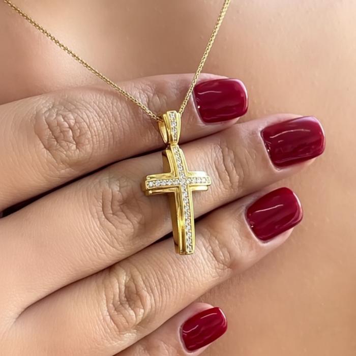 Γυναικείος Βαπτιστικός Σταυρός Χρυσός Κ14 με Διαμάντια SKU-85018