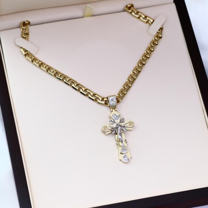 Ανδρικός Σταυρός με Εσταυρωμένο & Αγίους Λευκόχρυσος & Χρυσός K14 με Αλυσίδα SKU-86274