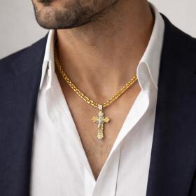 Ανδρικός Σταυρός με Εσταυρωμένο & Αγίους Λευκόχρυσος & Χρυσός K14 SKU-86273