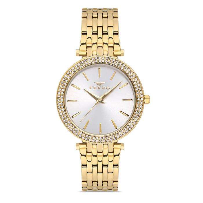 Γυναικείο Ρολόι FERRO με Ασημί Καντράν & Χρυσό Μπρασελέ SKU-86521