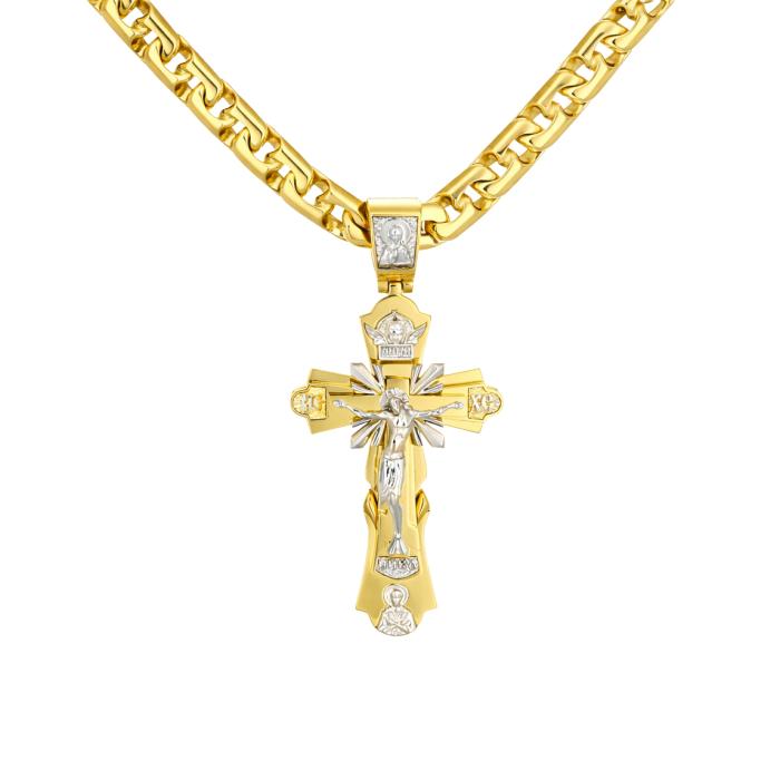 Ανδρικός Σταυρός με Εσταυρωμένο & Αγίους Λευκόχρυσος & Χρυσός K14 με Αλυσίδα SKU-86274