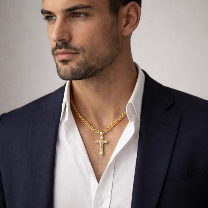 Ανδρικός Σταυρός με Εσταυρωμένο & Αγίους Λευκόχρυσος & Χρυσός K14 με Αλυσίδα SKU-86274