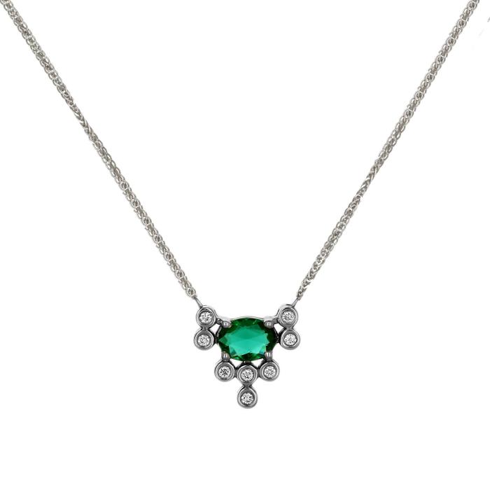 Κολιέ με Διαμάντια & Treated Emerald σε Λευκόχρυσο K14 SKU-87332