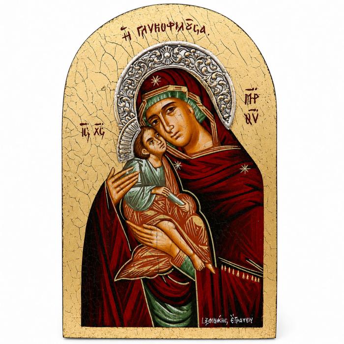 Χειροποίητη Αγιογραφία Παναγία Γλυκοφιλούσα με Ασήμι 925° SKU-87645